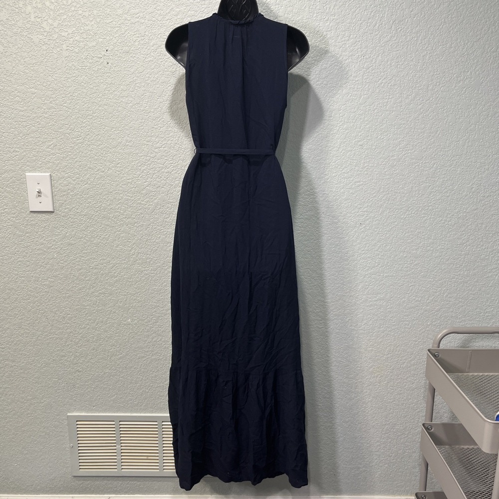 Loft Beach Maxi Dress Womens Small Navy Blue Button Front Tie Waist Tiered Boho - Picture 3 of 6